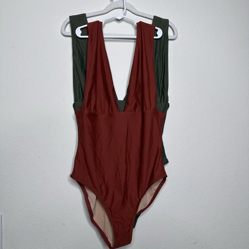 Lot‎ 2 JCrew sz 12 Plunge V-Neck One-Piece Swimsuit G9417 Orange Green Beach